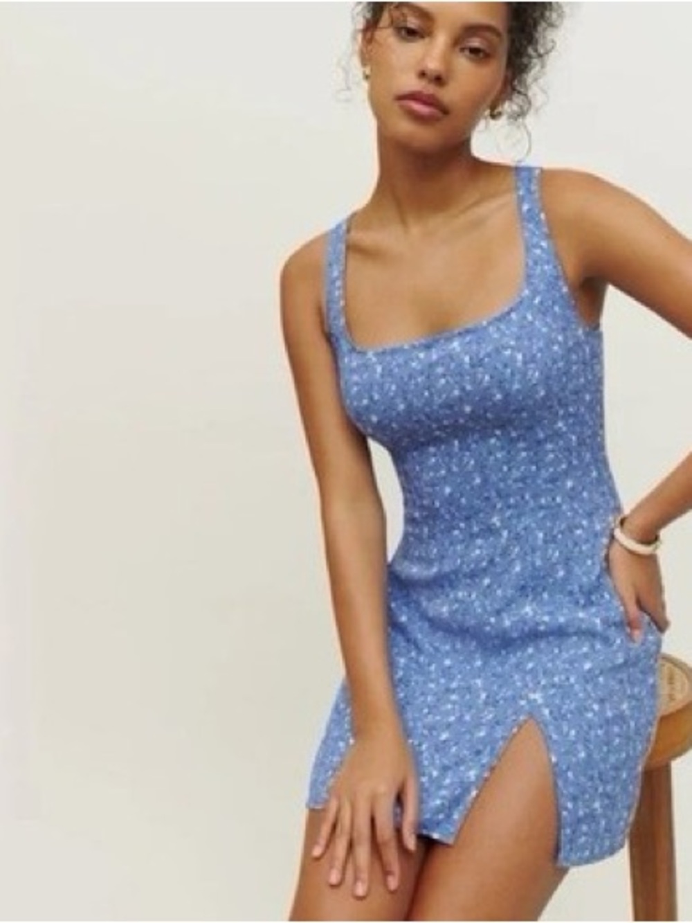 Reformation Noha Blue Floral Square-Neck Mini Dress